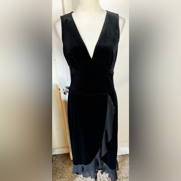 Vintage 90’s Connected Velvet Ruffle Hem Cocktail Dress Midi Plunging Neck noir - Picture 13 of 16